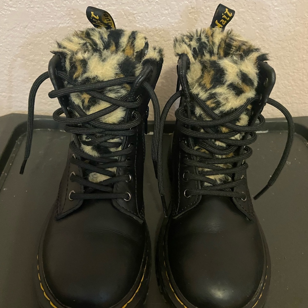 Girls Dr. Martens Black Boots with Leopard Print Lining